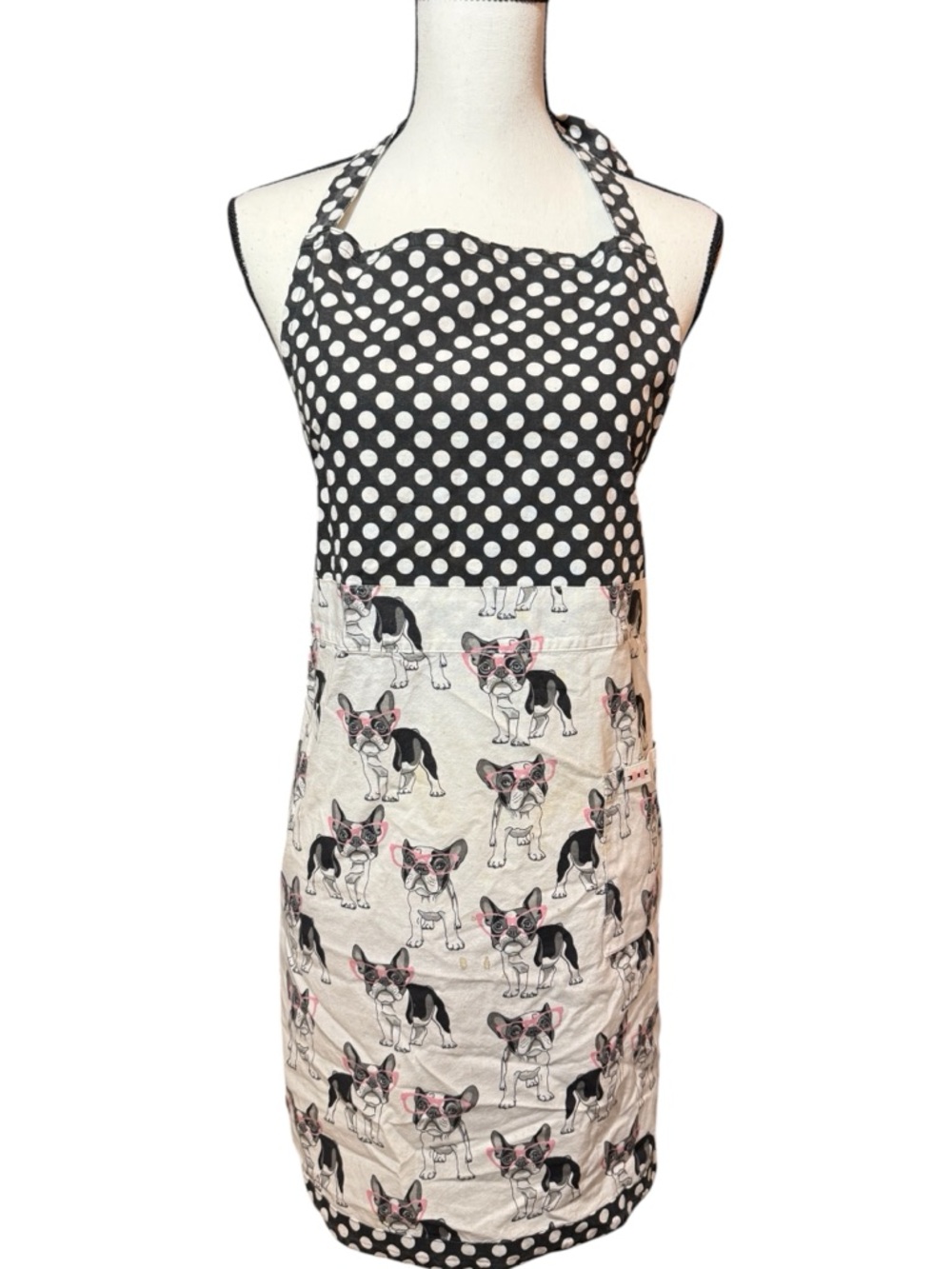 Simply Whimsical Black and White French Bulldog Apron with Polka Dots